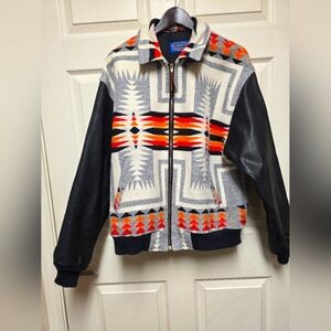 Vintage Pendleton Men’s "CHIEF JOSEPH" Wool  Leather Sleeve Bomber Jacket Size L